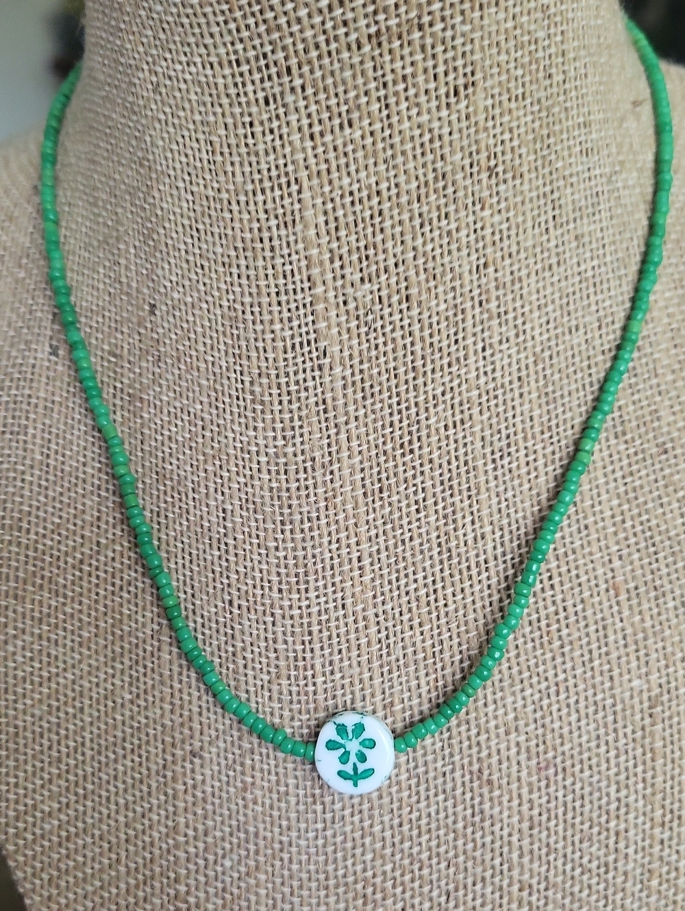 Handmade Green Beaded Necklace with Czech Glass Flower  Pendant
